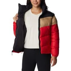 Columbia Women's Puffect™ Colourblock Jacket Red Lily / Beach -Outdoor Clothing Store 1955101 658 a3 presethigh res jpeg 300 dpi