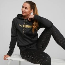 Puma Women's Power Fleece Training Hoodie Black / Metallic Gold -Outdoor Clothing Store 522184 51 mod01