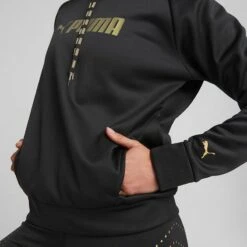 Puma Women's Power Fleece Training Hoodie Black / Metallic Gold -Outdoor Clothing Store 522184 51 mod03
