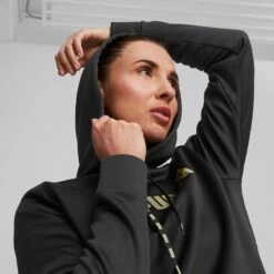 Puma Women's Power Fleece Training Hoodie Black / Metallic Gold -Outdoor Clothing Store 522184 51 mod05