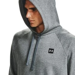 Under Armour Men's UA Rival Fleece Hoodie Pitch Grey Light Heather / Onyx White -Outdoor Clothing Store s7.v5 1357092 012 hood