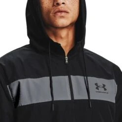 Under Armour Men's UA Sportstyle Windbreaker Jacket Black / Black -Outdoor Clothing Store s7.v5 1361621 001 hood