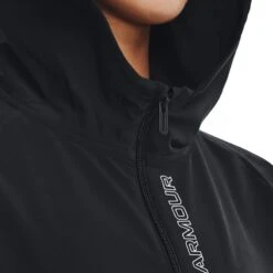 Under Armour Women's Woven Full Zip Jacket Black / Black / White -Outdoor Clothing Store s7.v5 1369889 002 hood
