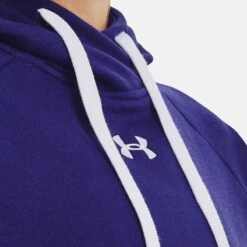 Under Armour Women's UA Rival Fleece HB Hoodie Sonar Blue / White -Outdoor Clothing Store v5 1356317 468 collar
