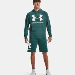Under Armour Men's UA Rival Fleece Big Logo Hoodie Coastal Teal / Onyx White -Outdoor Clothing Store v5 1357093 722 fsf