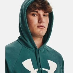 Under Armour Men's UA Rival Fleece Big Logo Hoodie Coastal Teal / Onyx White -Outdoor Clothing Store v5 1357093 722 hood