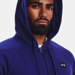 Under Armour Men's Rival Fleece Full Zip Hoodie Sonar Blue / Onyx White -Outdoor Clothing Store v5 1357111 468 hood