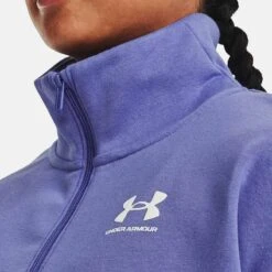 Under Armour Women's UA Rival Fleece Half Zip Baja Blue / White -Outdoor Clothing Store v5 1373030 495 collar